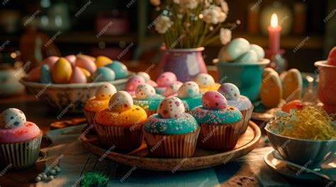 Primer plano de cupcakes decorados con motivos de Pascua: conejos, zanahorias, huevos coloridos, pollitos.