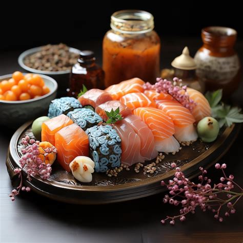 Sushi variado con diferentes tipos de pescado y rollos, junto a copas de vino blanco, rosado y espumoso.