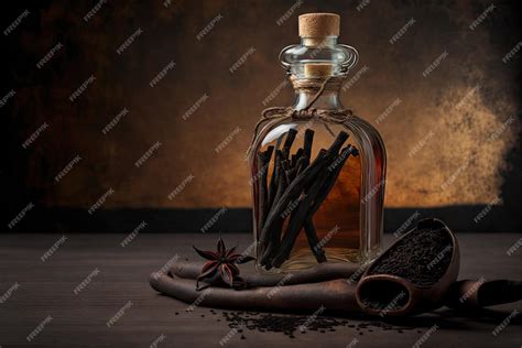 Botella de vidrio con vainas de vainilla sumergidas en vodka, lista para la maceración