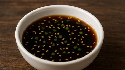 Salsa Ponzu en un cuenco pequeño con rodajas de cítricos frescos