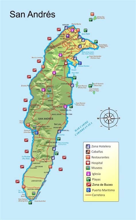 Mapa de la Isla de San Andrés resaltando su ubicación en el Caribe