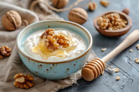 Membrillos en almíbar servidos en un tazón con yogur y nueces