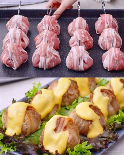 Fotografía de albóndigas envueltas en tocino horneándose en una bandeja.