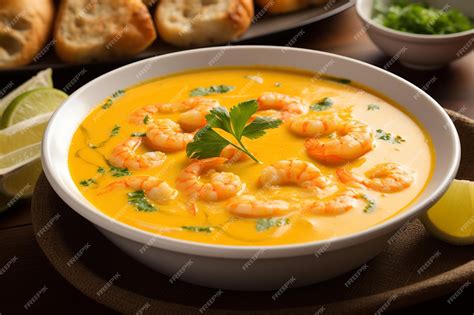 Plato de sopa de camarones servido en un tazón de barro, destacando los ingredientes frescos y el color intenso del caldo.