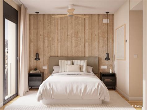 Fotografía: Dormitorio principal con una pared pintada en un suave tono rojo coral o salmón, con muebles de madera clara y ropa de cama neutra.