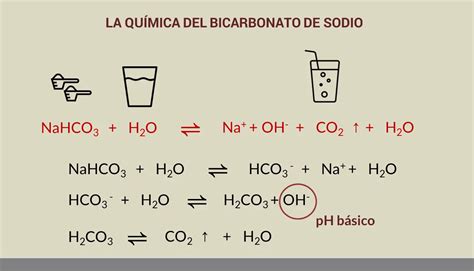 Esquema de la reacción química entre una base (bicarbonato de sodio) y un ácido, mostrando la liberación de dióxido de carbono