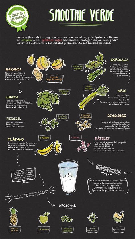 Esquema de los componentes básicos de un smoothie verde: hojas verdes, frutas y líquido