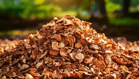 Cáscaras de nuez trituradas como mantillo en un jardín