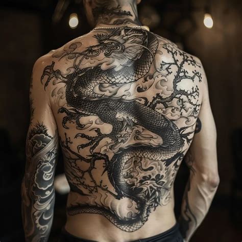 Tatuaje de un dragón estilizado en la espalda, destacando su anatomía