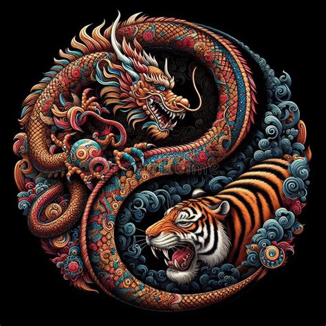 Ilustración de un dragón y un tigre en combate, simbolizando el equilibrio