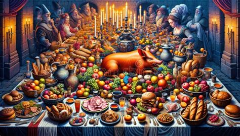 Representación histórica de una mesa medieval con manjares