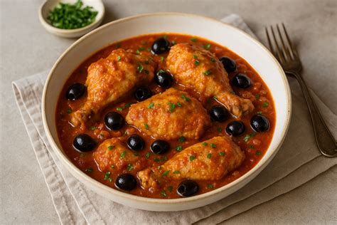 Plato de estofado de pollo con aceitunas, tomate y hierbas frescas