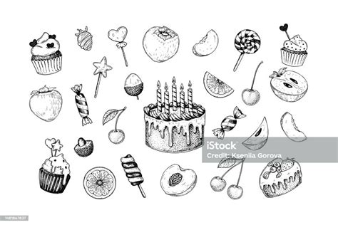 Ilustración medieval de dulces y frutas.
