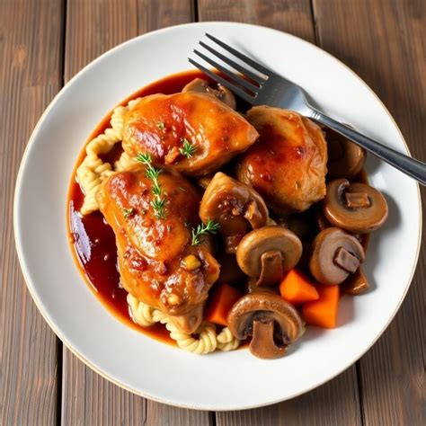 Plato de pollo estofado al vino tinto con champiñones