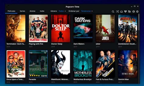 Interfaz de Popcorn Time mostrando miniaturas de películas