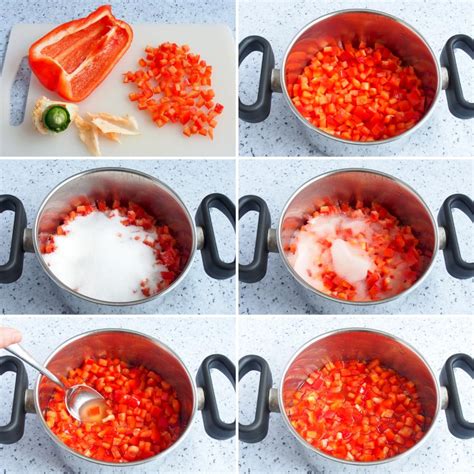 Infografía con los pasos básicos para hacer mermelada de pimientos: limpieza, troceado, cocción con azúcar y agua, triturado y cocción final.