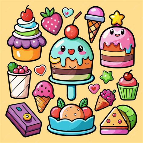 Ilustración de una variedad de postres coloridos y apetitosos, como pasteles, galletas y helados.