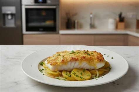 Plato individual de pescado gratinado con perejil fresco y una porción de ensalada verde.