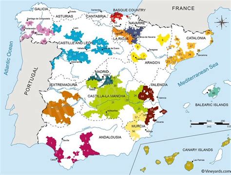 Mapa de España destacando regiones vinícolas y sus variedades asociadas a la cocina.