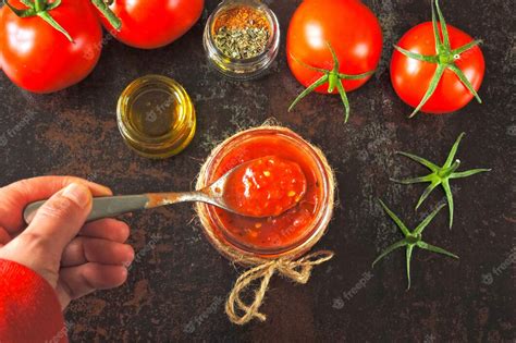 Foto de salsa de tomate casera recién hecha en un frasco hermético