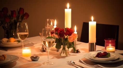 Mesa decorada para una cena romántica con velas, flores y vajilla elegante