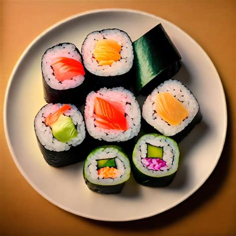 Plato de rolls de sushi variados con diferentes coberturas