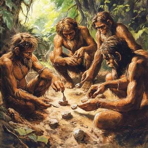 Ilustración de homínidos prehistóricos rompiendo huesos para extraer la médula.