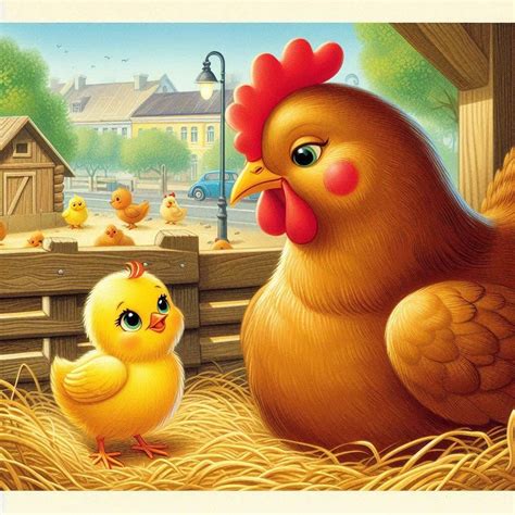 Ilustración de un lobo sorprendido al ver a una gallina alimentando a sus pollitos con la comida que él trajo