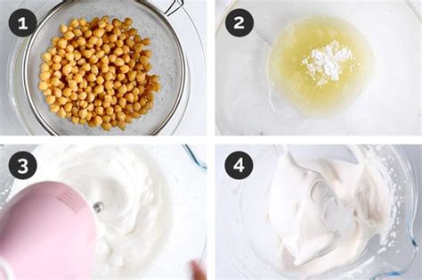 Infografía paso a paso sobre cómo batir el aquafaba hasta obtener el punto de nieve