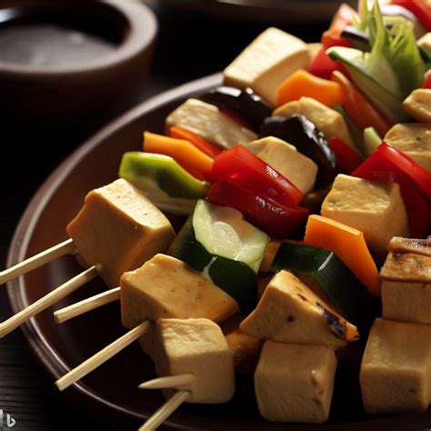 Infografía con diferentes verduras y trozos de tofu listos para ser ensartados en brochetas.