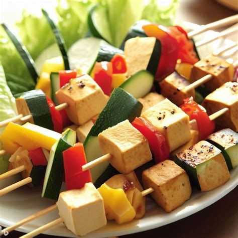 Brochetas de tofu y verduras asándose en una parrilla.