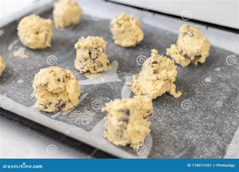 Bandeja de horno con galletas crudas espaciadas uniformemente sobre papel vegetal
