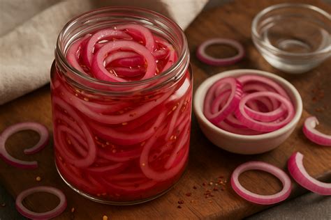 Foto de cebollas en escabeche rosadas y picantes con chiles