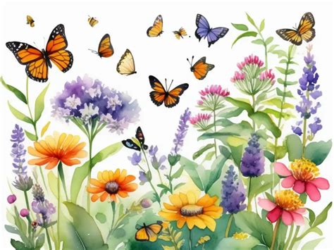 jardín con flores de asclepia y varias mariposas revoloteando