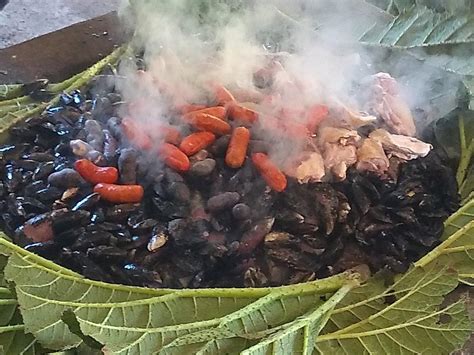 Esquema infográfico que ilustra el proceso de cocción del curanto al hoyo, mostrando las capas de piedras calientes, mariscos, carnes y hojas de nalca.