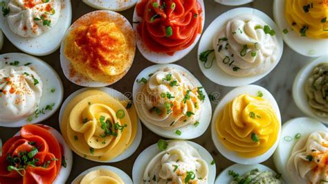 Variedad de huevos rellenos con diferentes coberturas y decoraciones