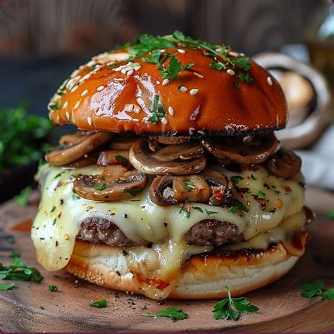 Imagen de una hamburguesa vegana de champiñones con queso vegano fundido sobre un pan artesanal