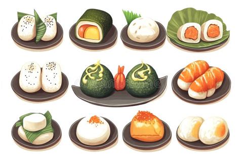 Ilustración de diferentes tipos de onigiri con diversos rellenos y formas.