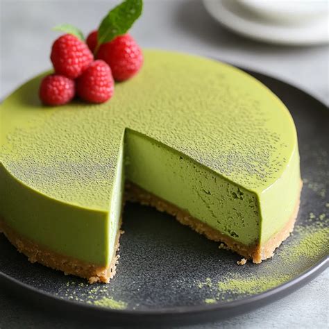 Rebanada de pastel de matcha con una capa de crema de naranja