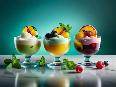 Helados y sorbetes de frutas en copas, decorados con frutas frescas