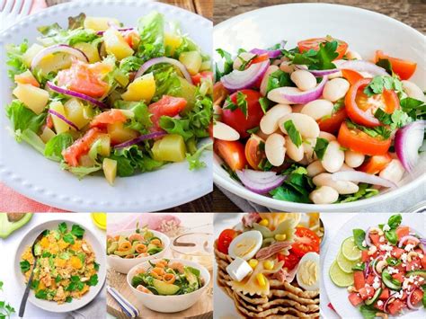 Variedad de ensaladas coloridas y saludables como entrantes