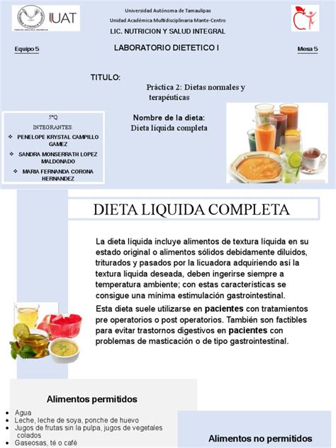 Foto de un menú diario de dieta líquida completa y enriquecida con diferentes opciones de bebidas y caldos