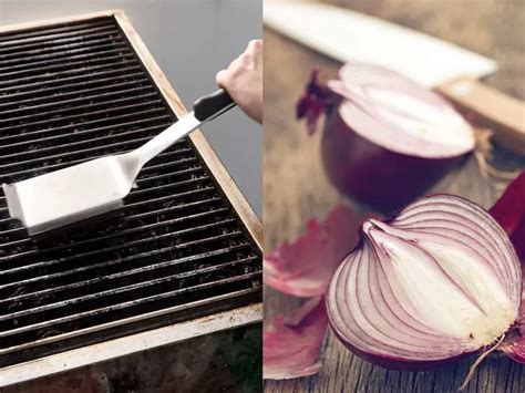 ilustración de un asador usando media cebolla para limpiar las varillas de la parrilla