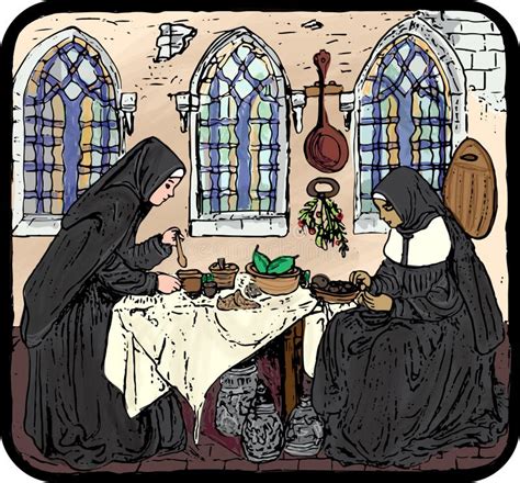ilustración de un convento medieval español con monjas cocinando