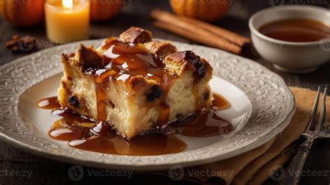 Foto de pudín de pan con salsa de caramelo y café y helado