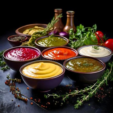 Variedad de cuencos con diferentes salsas para gyozas, mostrando texturas y colores.