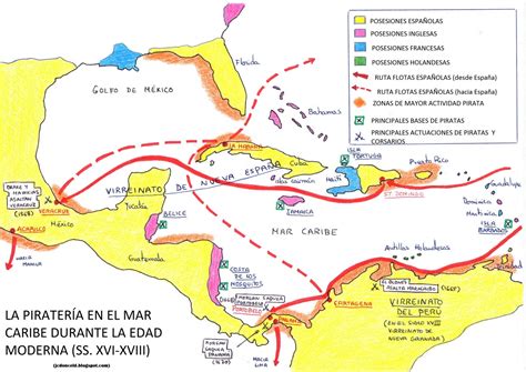 Mapa de las rutas piratas en el Caribe y Atlántico durante la Edad de Oro