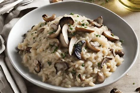 Mesa con ingredientes frescos para risotto: champiñones variados, arroz, queso parmesano, cebolla