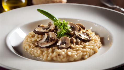 Plato de risotto de champiñones cremoso decorado con perejil fresco y queso parmesano