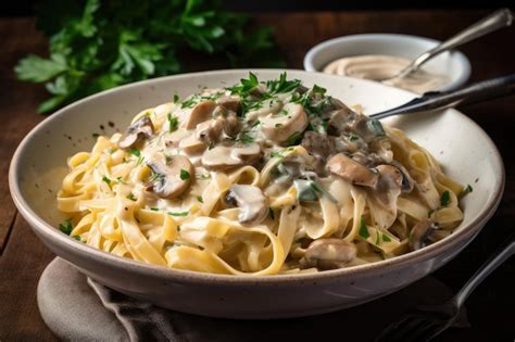 Plato de pasta con salsa cremosa de champiñones y panceta
